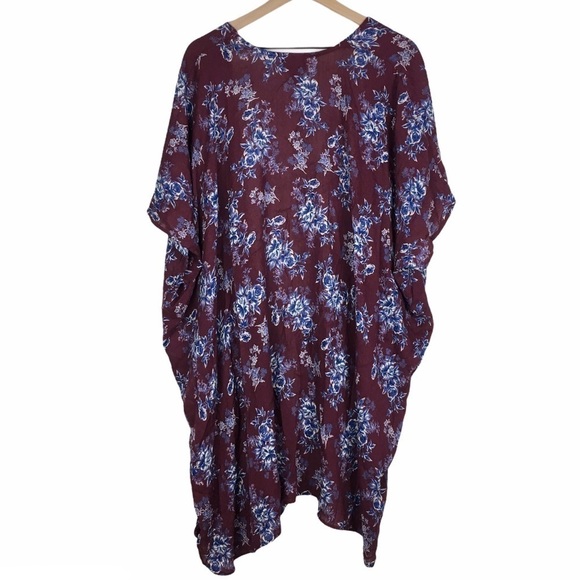 ANGIE Kimono Wrap Asymmetrical Floral Boho Oversized Burgundy Navy Size Medium - Picture 4 of 11